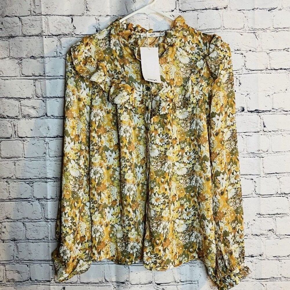 Mango Women Floral Ruffle‎ Blouse High Neck Boho Yellow Multicolor Size 2